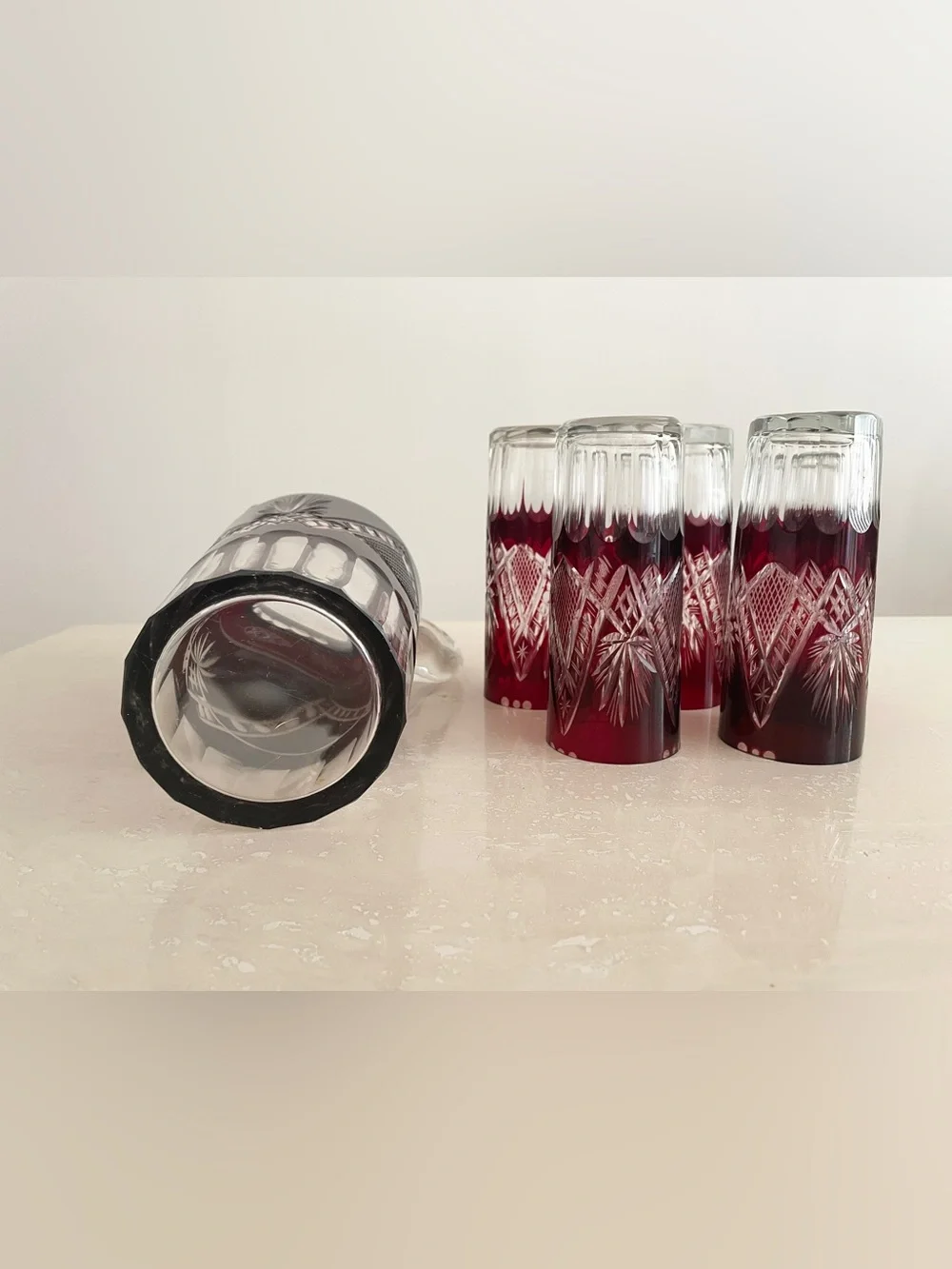 Vintage Bohemian Ruby Red Cut to Clear Pitcher & Glass Glassware Set of 6 Pieces